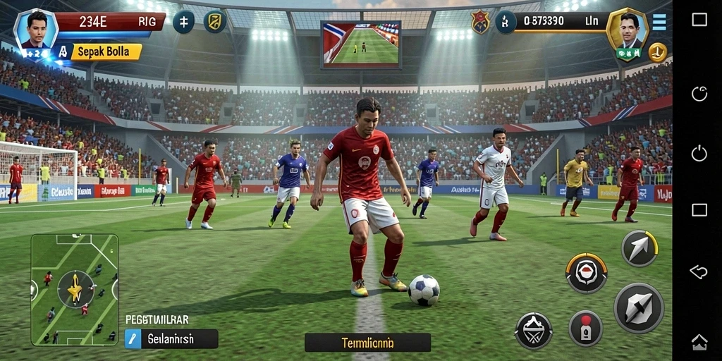 Tangkapan layar utama menampilkan gameplay sepak bola yang intens dan mendebarkan.