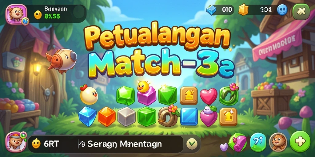 Tampilan seru dari gameplay Match-3 di 6RT yang penuh warna.