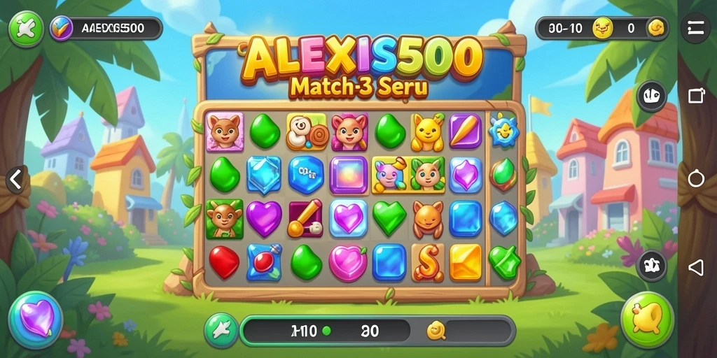 Gameplay ALEXIS500 dengan kombinasi permata berwarna yang seru.