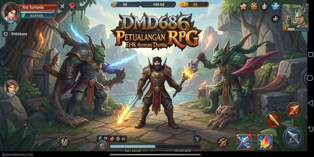Screenshot gameplay DMD686 menampilkan pertempuran epik di dunia RPG.