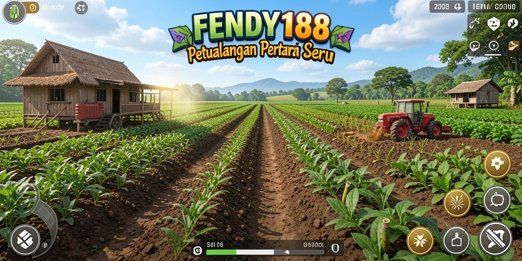 Tangkapan layar gameplay FENDY188 menampilkan ladang hijau yang subur dan hewan ternak yang bahagia.