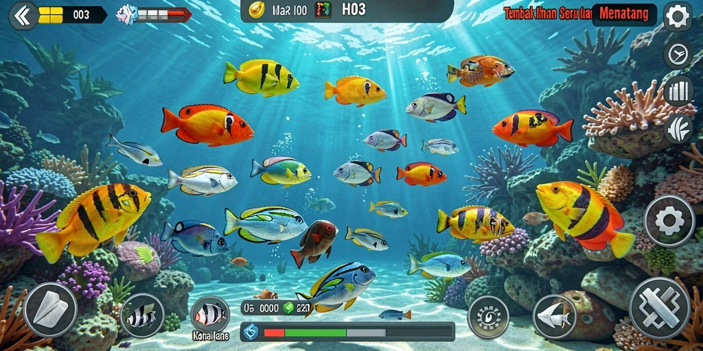 Screenshot utama H03 menampilkan aksi tembak ikan yang seru.