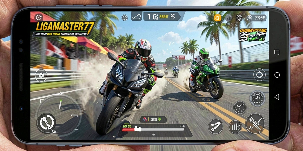 Gameplay seru LIGAMASTER77 dengan balapan cepat dan motor kustom.