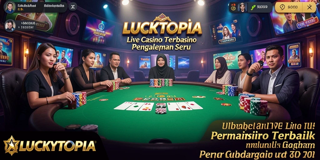Screenshot gameplay LUCKYTOPIA menampilkan dealer langsung dan interaksi pemain.