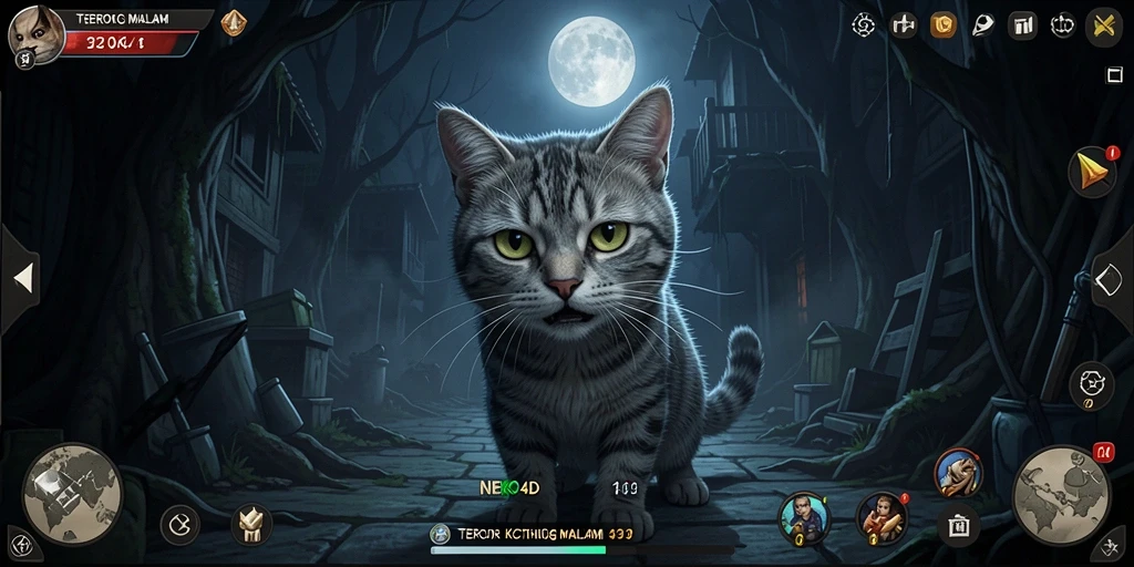 Screenshot gameplay <strong>NEKO4D</strong> menunjukkan suasana menyeramkan dan kehadiran makhluk misterius.