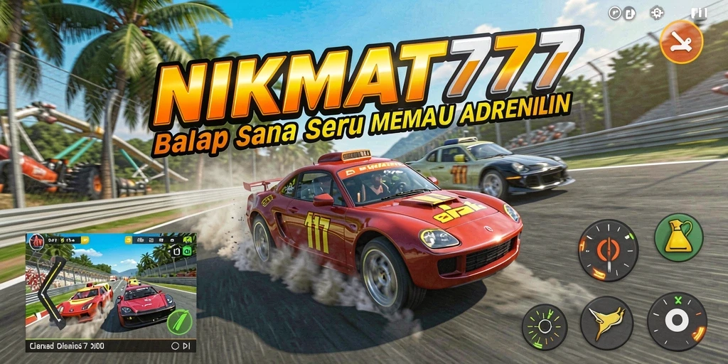 Screenshot utama NIKMAT777 menampilkan balapan mendebarkan dengan mobil cepat.