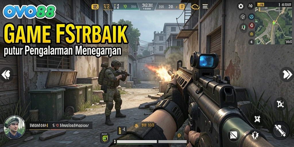 Tangkapan layar OVO88 menampilkan aksi pertempuran FPS yang intens dan mendebarkan.