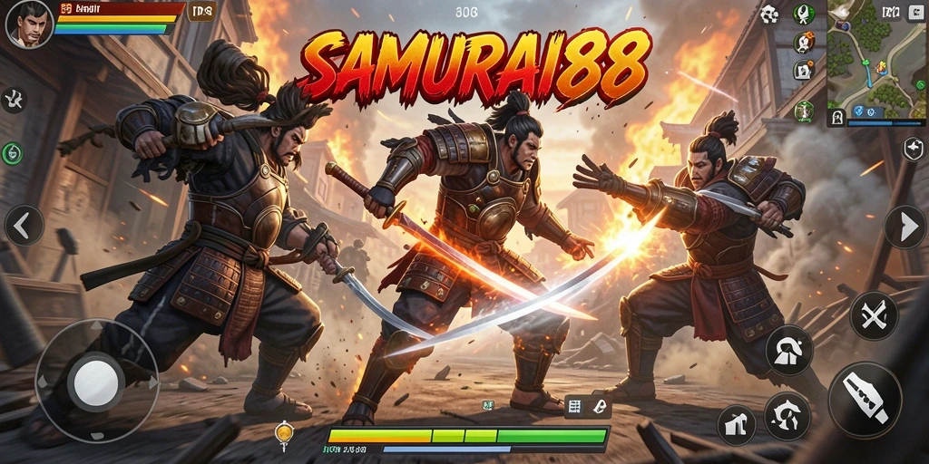 Screenshot memperlihatkan aksi intens dan pertarungan mendebarkan dalam SAMURAI88.