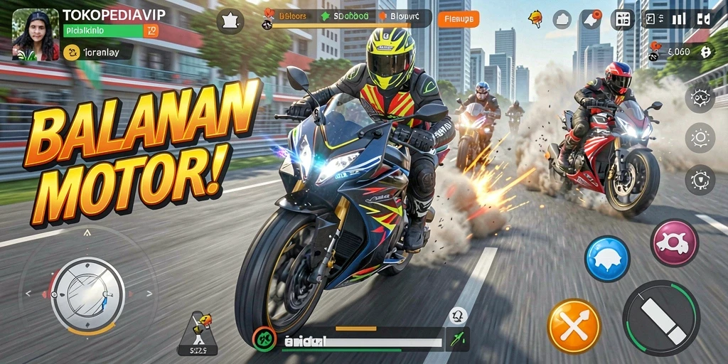 Screenshot gameplay TOKOPEDIAVIP menampilkan balapan motor yang mendebarkan.