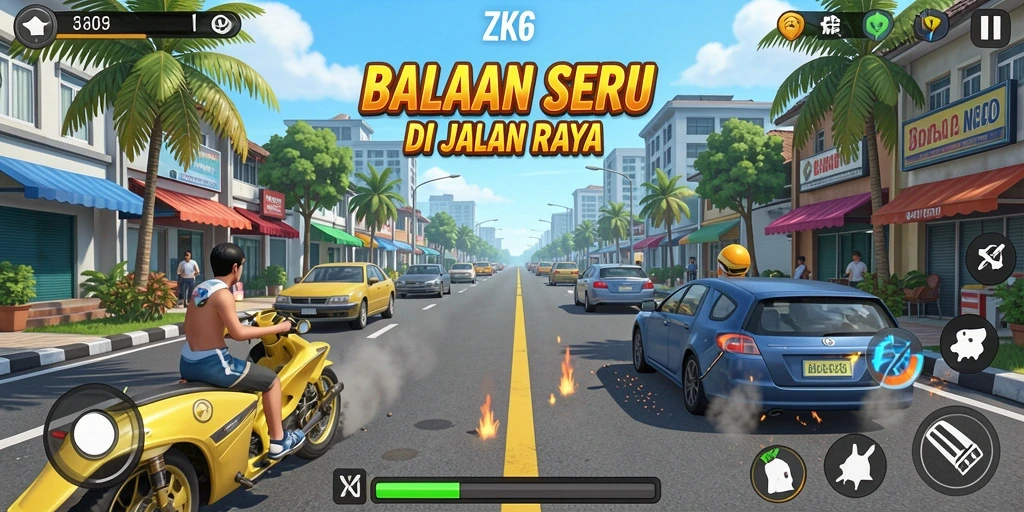 Tampilan gameplay menegangkan dari ZK6 dengan mobil balap cepat.